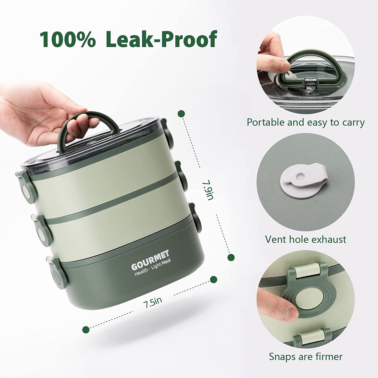 SUS304 Leak-Proof, BPA-Free 3-Tier Stacking Bento Box Lunch Box, Portable Stackable Food Container Storage Boxes for Work School