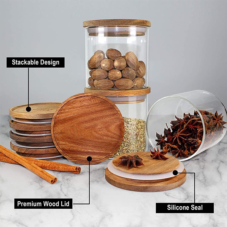 Stackable Large Spaghetti Pasta Kitchen Food Airtight Storage Glass Container Pantry Jars Set with Acacia Wood Lid