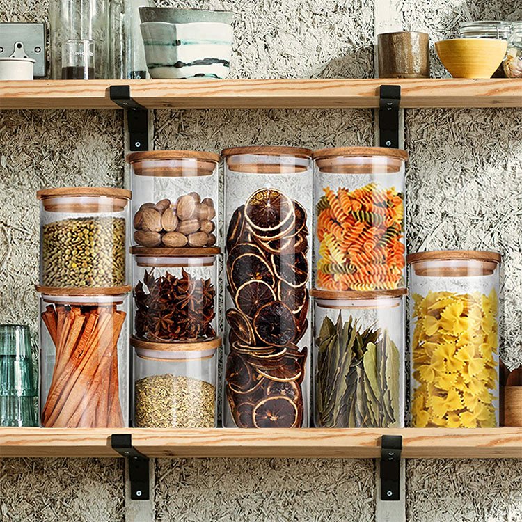 Stackable Large Spaghetti Pasta Kitchen Food Airtight Storage Glass Container Pantry Jars Set with Acacia Wood Lid