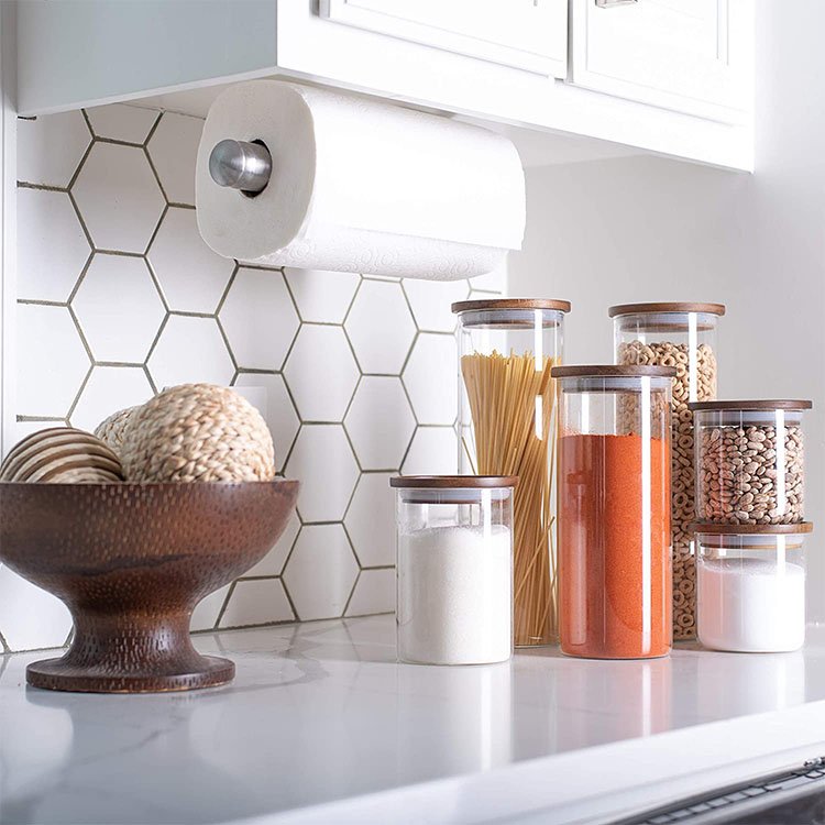 Stackable Large Spaghetti Pasta Kitchen Food Airtight Storage Glass Container Pantry Jars Set with Acacia Wood Lid