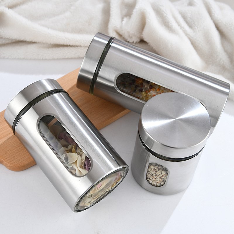 Kitchen Supplies Stainless Steel Storage Jars Visible Glass Sealed Jars Grain Tea Cans Food Storage Jars