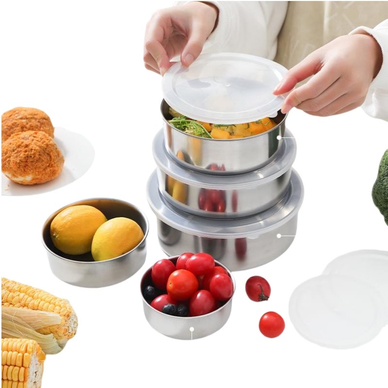 High Quality Polishing Stainless Steel 5pcs Freshness Preservation Bowl Set with Sealing Cover & Gift Box Food Storage Container