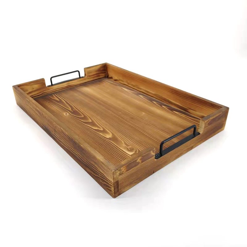 On Sale Rustic Solid Wood Serving Rectangular Tray Breakfast Tray with Handles Farmhouse Kitchen Decor