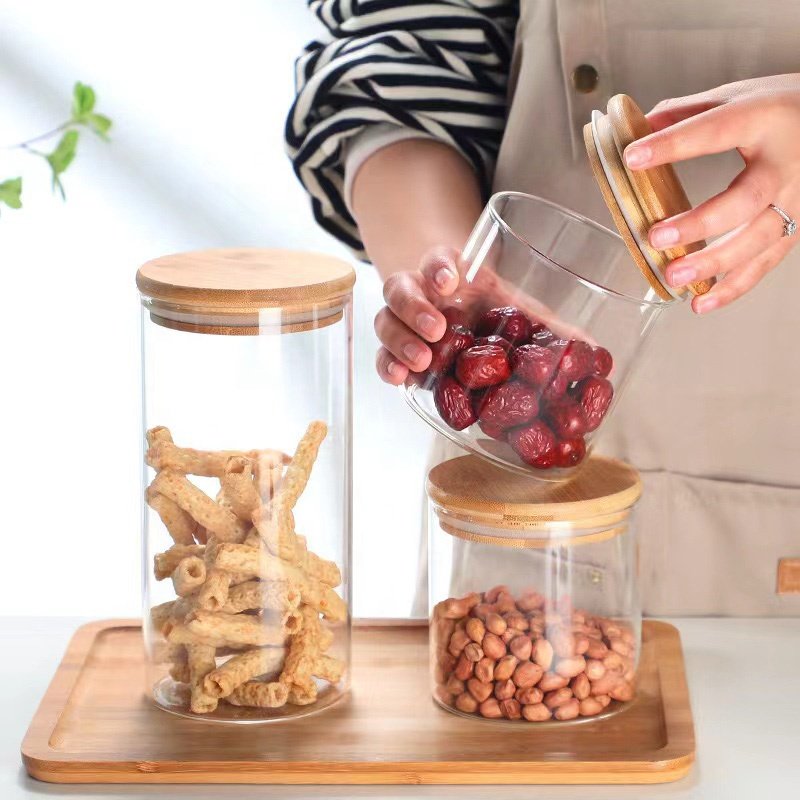 Wholesale Airtight Food Storage Jars Kitchen Spice Glass Containers with Bamboo Lid Sealed Glass Canisters for Spaghetti