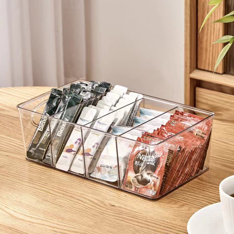 4 compartment storage box with lid, Transparent divisible storage box, Suitable for bedrooms, bathrooms, etc