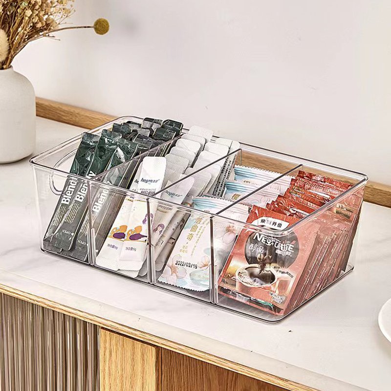 4 compartment storage box with lid, Transparent divisible storage box, Suitable for bedrooms, bathrooms, etc