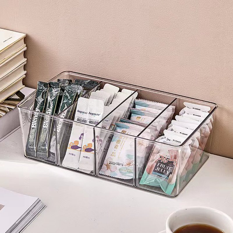 4 compartment storage box with lid, Transparent divisible storage box, Suitable for bedrooms, bathrooms, etc