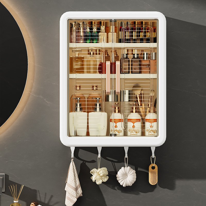 Wall-Mounted Makeup Organizer for Bathroom Large Capacity 3 Layer Cosmetic Storage Box with 4 Towel Hooks