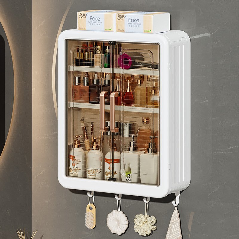 Wall-Mounted Makeup Organizer for Bathroom Large Capacity 3 Layer Cosmetic Storage Box with 4 Towel Hooks