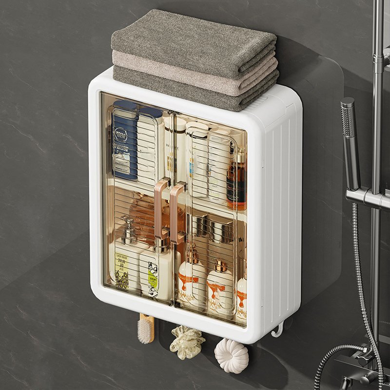 Wall-Mounted Makeup Organizer for Bathroom Large Capacity 3 Layer Cosmetic Storage Box with 4 Towel Hooks