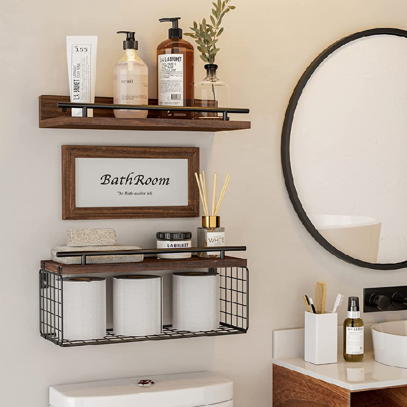 Rustic Wood Wall Mounted over Toilet Bathroom Floating Shelf for Kitchen Wall Decor Storage Rack Organizer Bathroom Storage