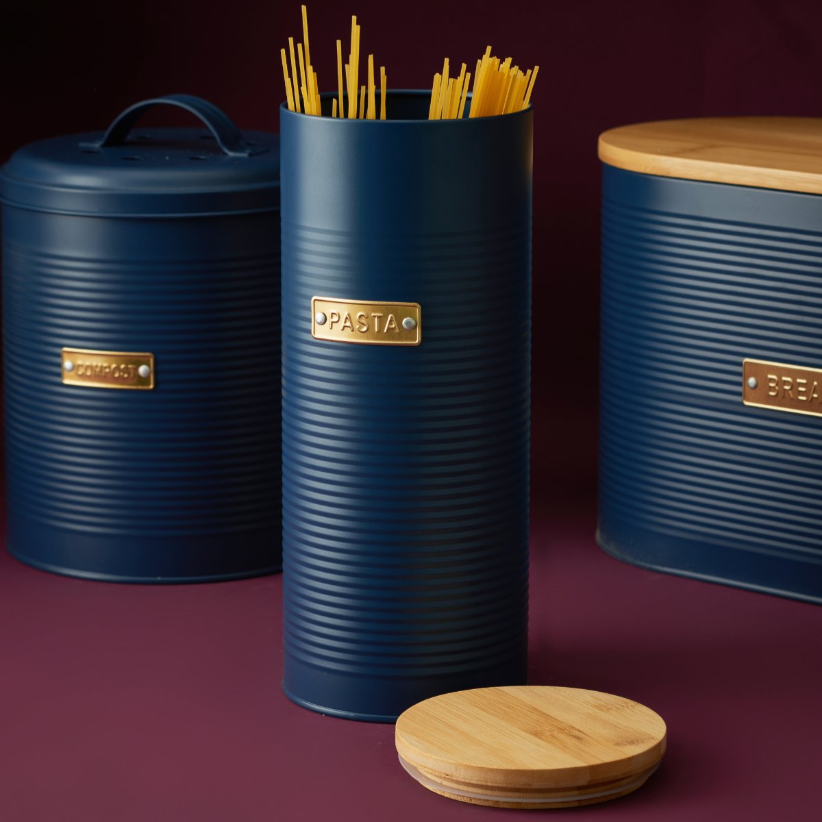 New launch Otto Navy Pasta Storage metal storage box with wood lid kitchen utility article