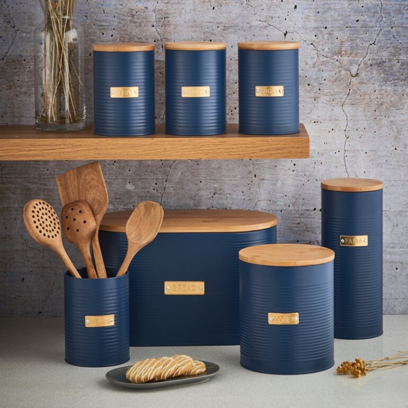 New launch Otto Navy Pasta Storage metal storage box with wood lid kitchen utility article