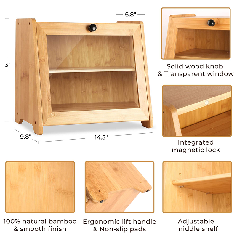 Bread Holder and Double Layer Bread Storage Bin Hold Bamboo Container Kitchen Food Storage