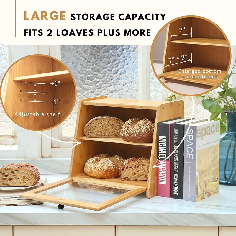 Bread Holder and Double Layer Bread Storage Bin Hold Bamboo Container Kitchen Food Storage