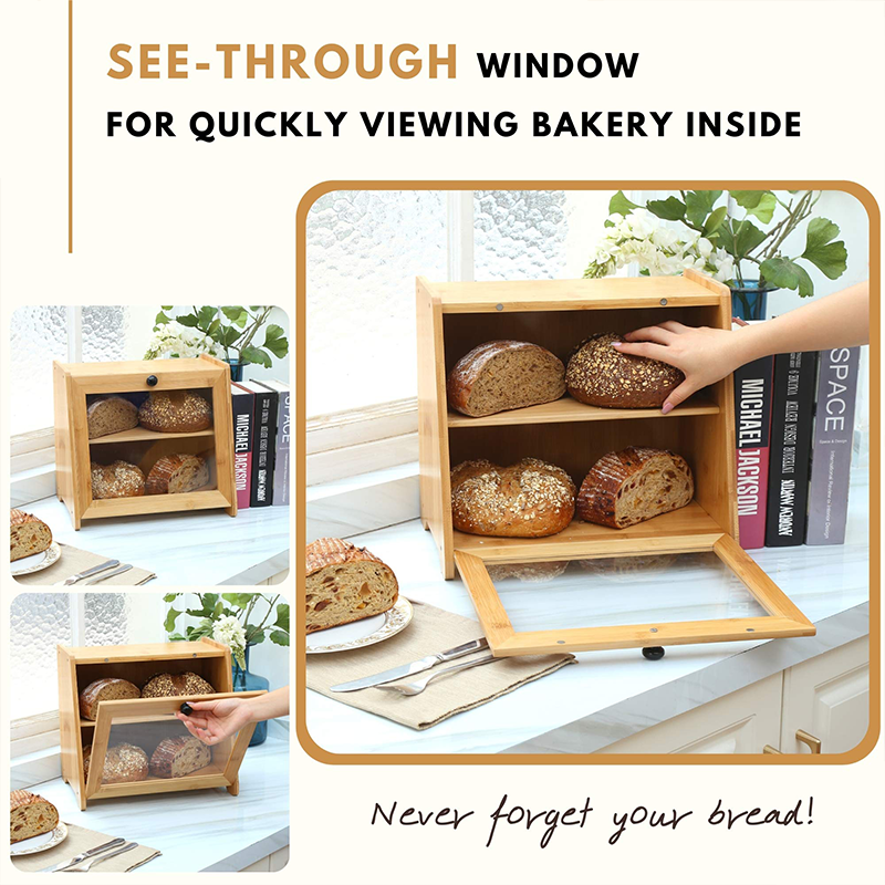 Bread Holder and Double Layer Bread Storage Bin Hold Bamboo Container Kitchen Food Storage