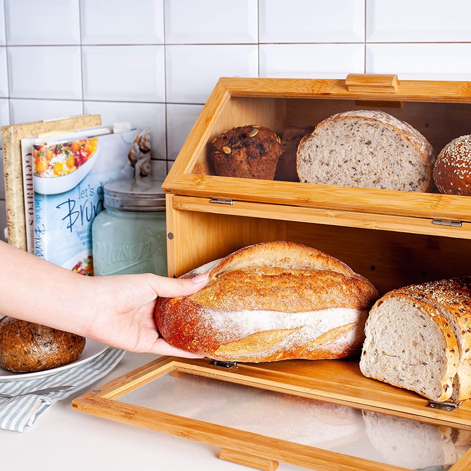 Bamboo Bread Box Food Storage Bin with Clear Front Window Bread Holder for Kitchen