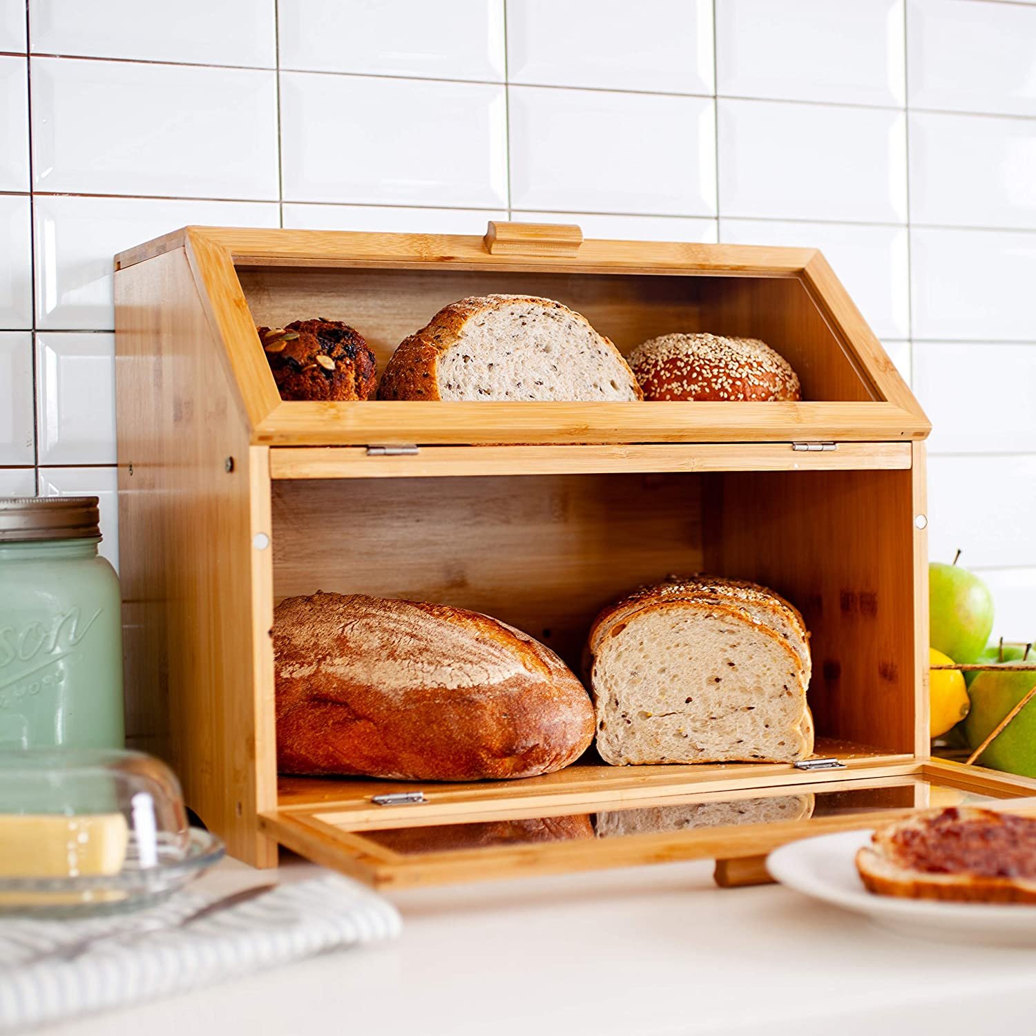 Bamboo Bread Box Food Storage Bin with Clear Front Window Bread Holder for Kitchen