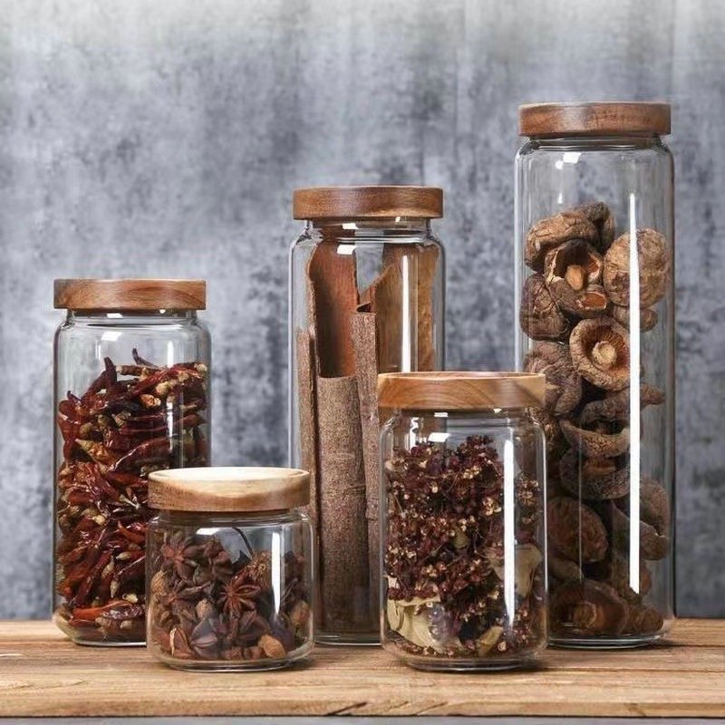 Glass Jar Sealed with Wood Lid Storage Preserving Can for Tea Grain Pasta Candy Food Storage Container Set Kitchenware Stash Jar