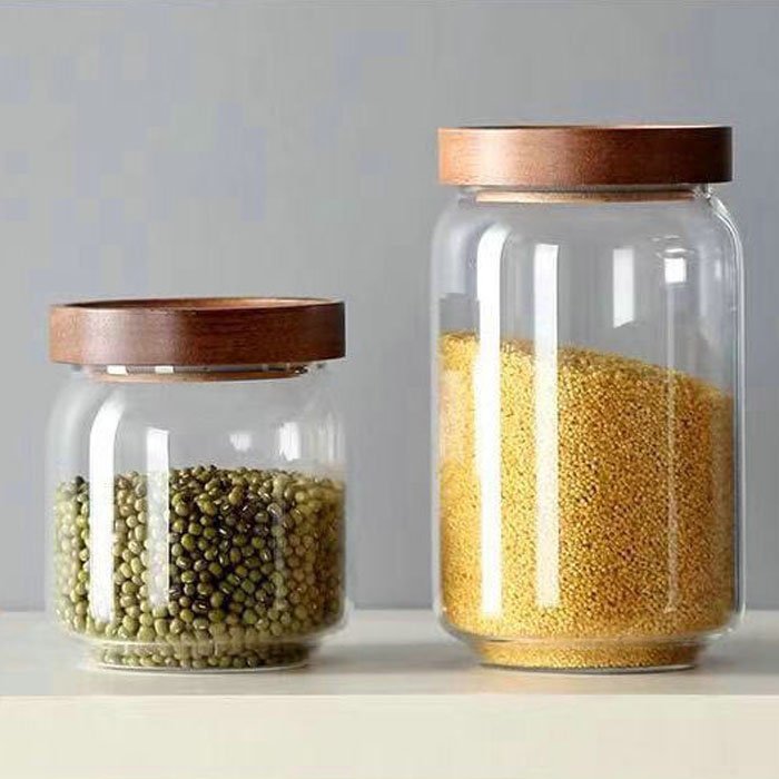 Glass Jar Sealed with Wood Lid Storage Preserving Can for Tea Grain Pasta Candy Food Storage Container Set Kitchenware Stash Jar