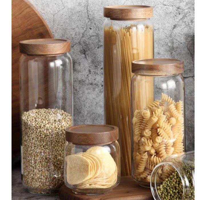 Glass Jar Sealed with Wood Lid Storage Preserving Can for Tea Grain Pasta Candy Food Storage Container Set Kitchenware Stash Jar