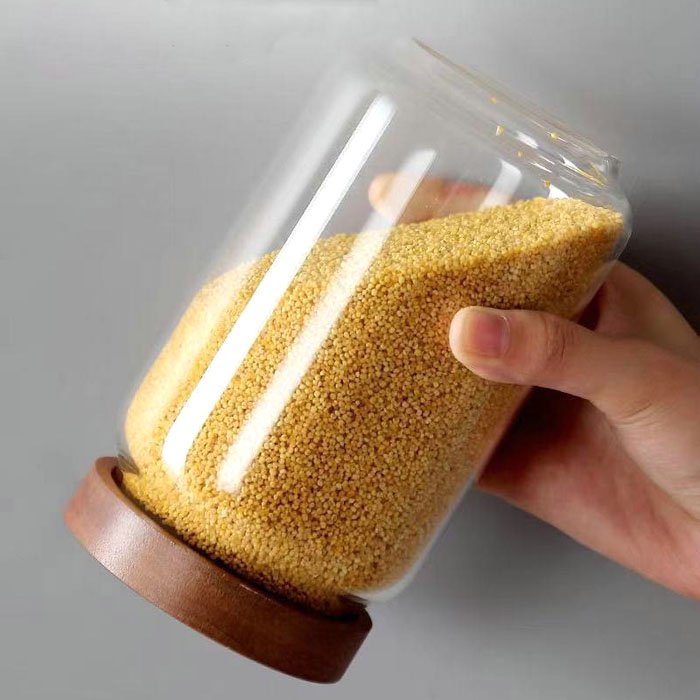 Glass Jar Sealed with Wood Lid Storage Preserving Can for Tea Grain Pasta Candy Food Storage Container Set Kitchenware Stash Jar