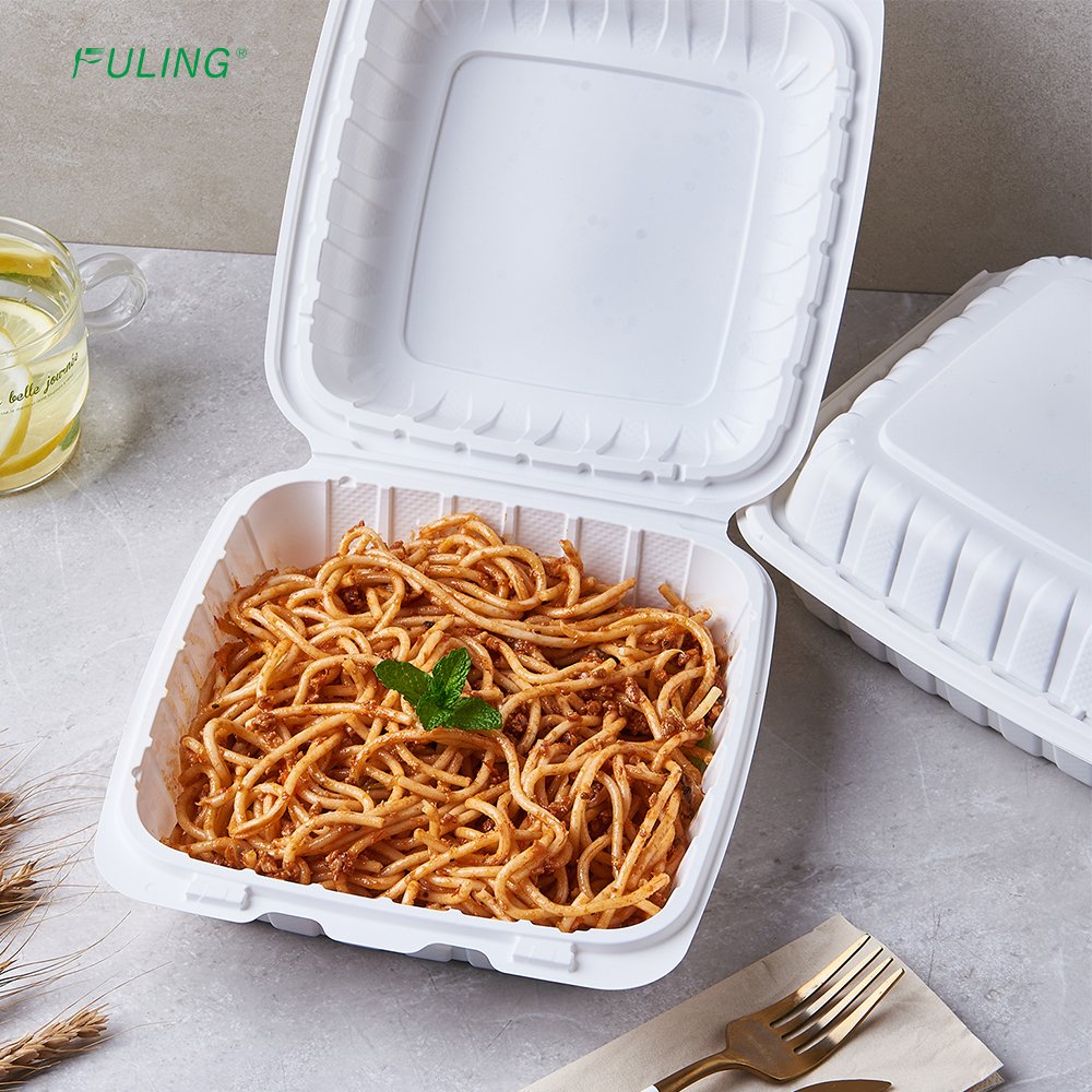 Fuling 8X8'' 1 Compartment 8 Inch Clamshell To Go Lunch Box Disposable Mineral Plastic Take Out Food MFPP Hinged Containers