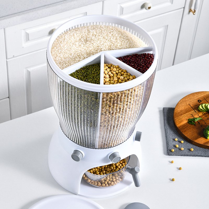 Household 4 Grid Large Cereal Dry Food Storage Box Rice Storage Container Dispenser Grain Storage Bin With Lid And Measuring Cup