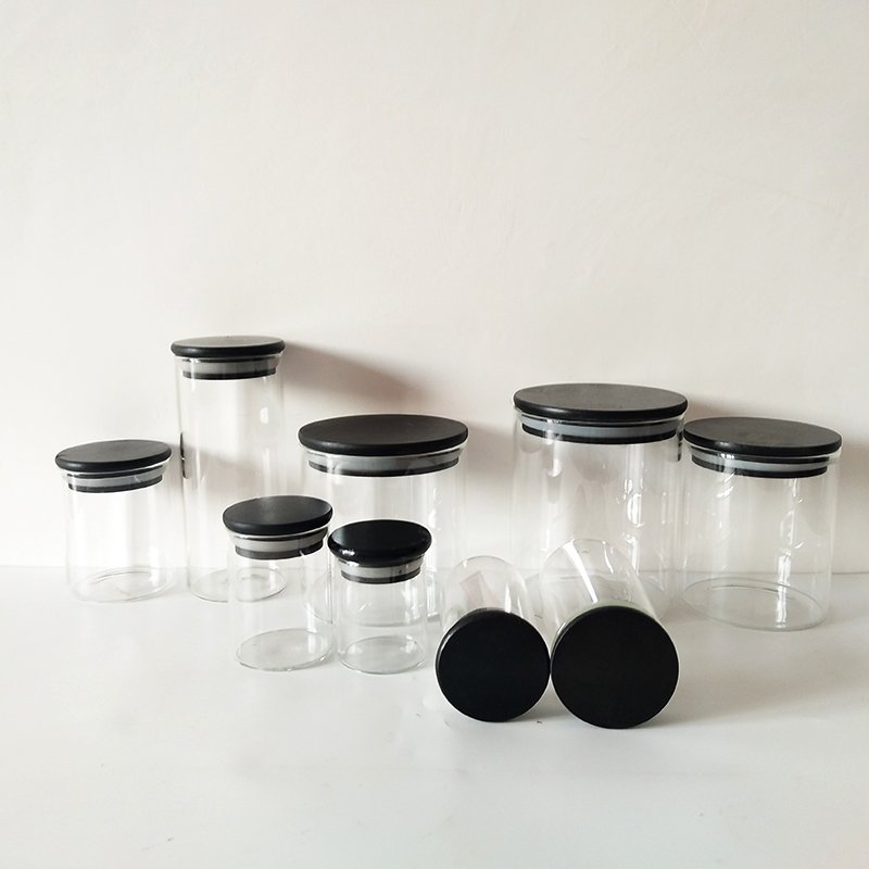 Eco-Friendly black lid borosilicate glass food spice cookie jar airtight clear glass storage container set for kitchen laundry