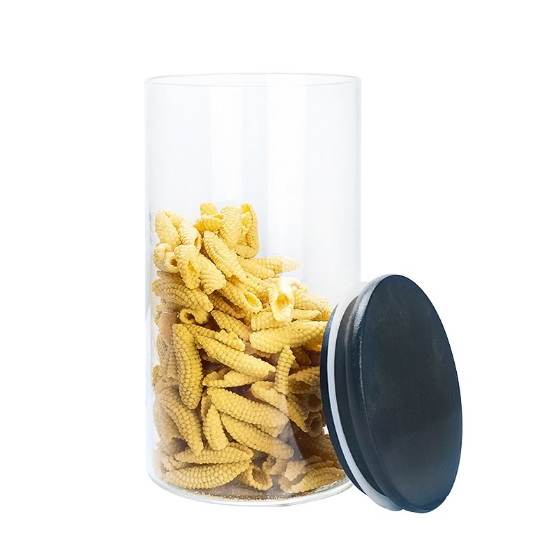 Eco-Friendly black lid borosilicate glass food spice cookie jar airtight clear glass storage container set for kitchen laundry