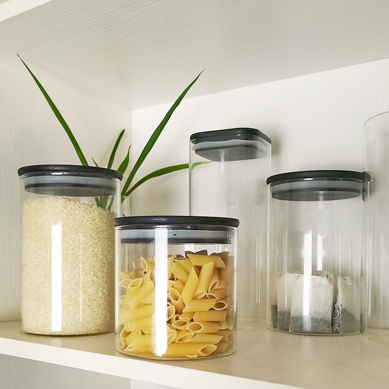 Eco-Friendly black lid borosilicate glass food spice cookie jar airtight clear glass storage container set for kitchen laundry