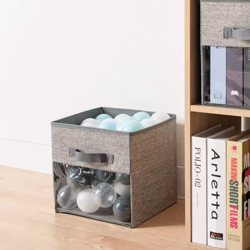 Non-woven Fabric PVC Clear Window Cube Storage Organizer Collapsible Storage Bin Without Lid Folding Storage Box with Handle