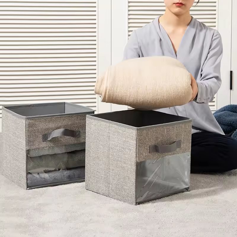Non-woven Fabric PVC Clear Window Cube Storage Organizer Collapsible Storage Bin Without Lid Folding Storage Box with Handle