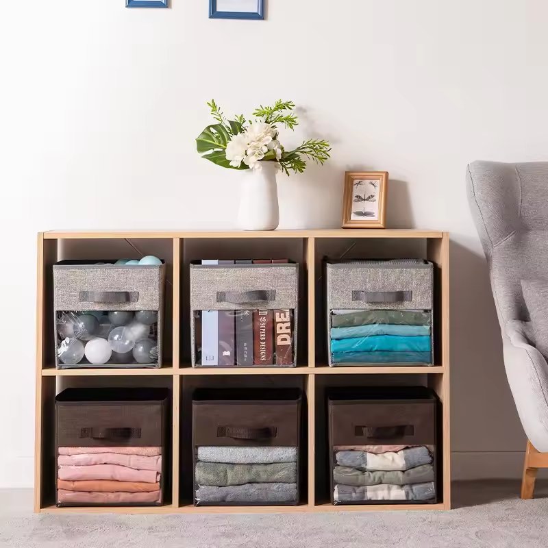 Non-woven Fabric PVC Clear Window Cube Storage Organizer Collapsible Storage Bin Without Lid Folding Storage Box with Handle