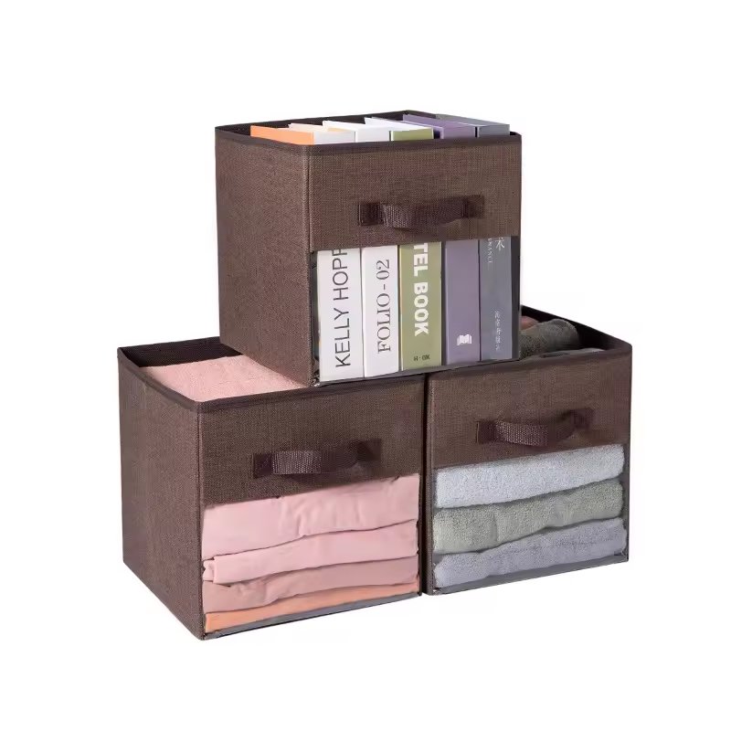 Non-woven Fabric PVC Clear Window Cube Storage Organizer Collapsible Storage Bin Without Lid Folding Storage Box with Handle