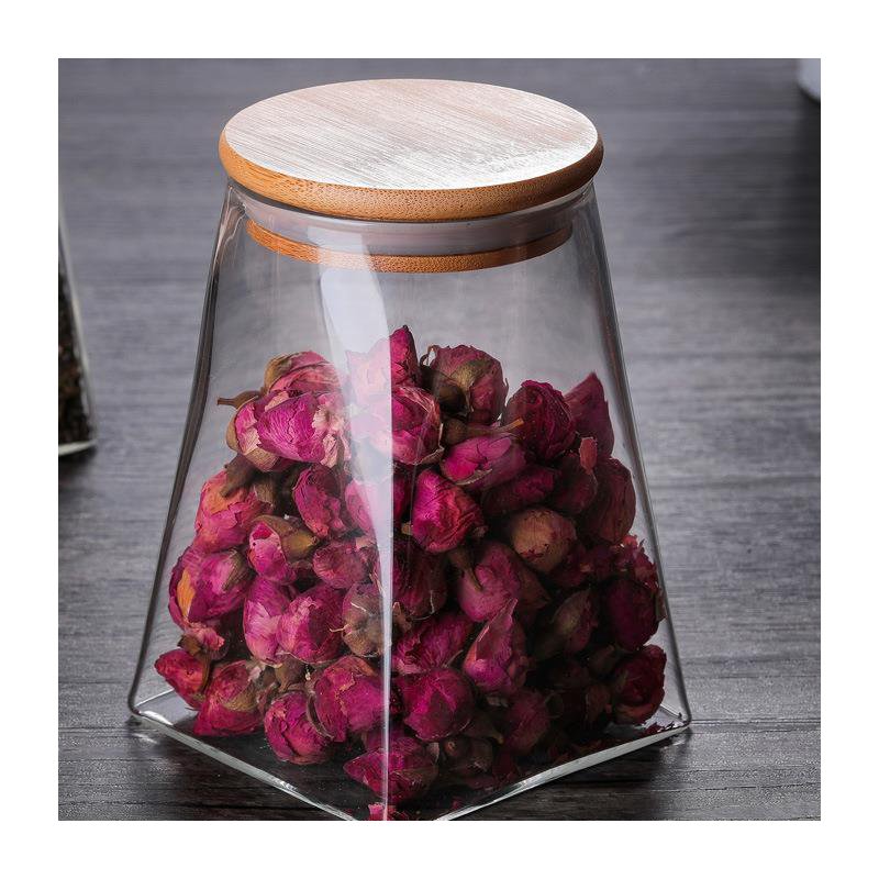 JM Good Quality LFGB Trapezoidal Pyramid Mushroom Storage Jar With Lid Glass Food Storage Kitchen Jars