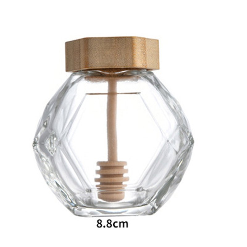 Fancy Empty Hexagon Food Storage Sealed Tank Honey Jar Container Glass Honey Jam Jars With Wooden Lid And Spoon