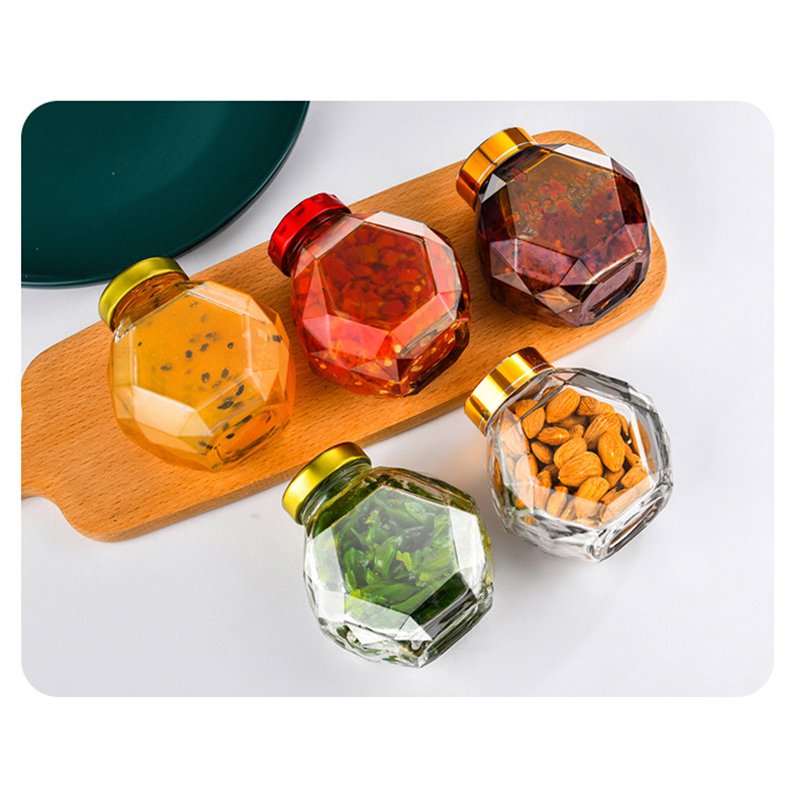 Fancy Empty Hexagon Food Storage Sealed Tank Honey Jar Container Glass Honey Jam Jars With Wooden Lid And Spoon