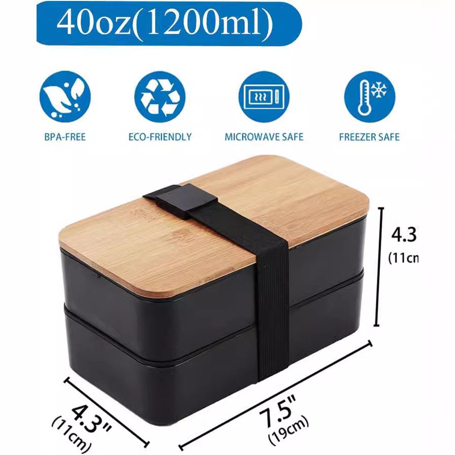 wholesale custom print portable 2 layer reusable food packaging camp salad men's lunch box with bamboo lid bento bag for adult