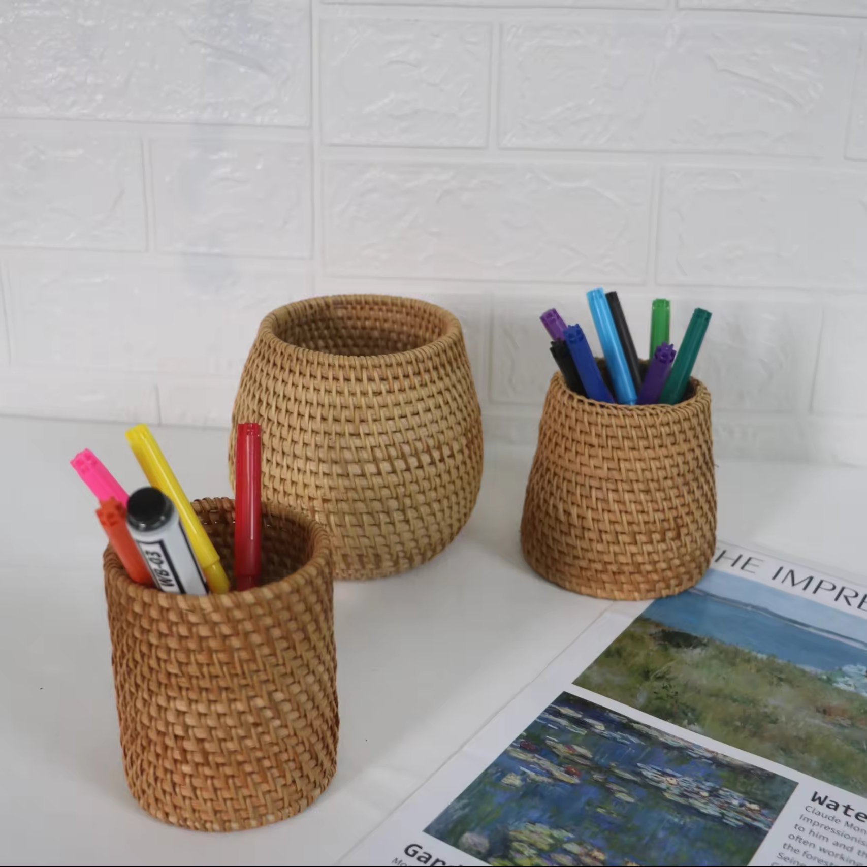 Pen holders rattan woven storage box basket wooden bamboo holder toothbrush utensil chopsticks spoon eco