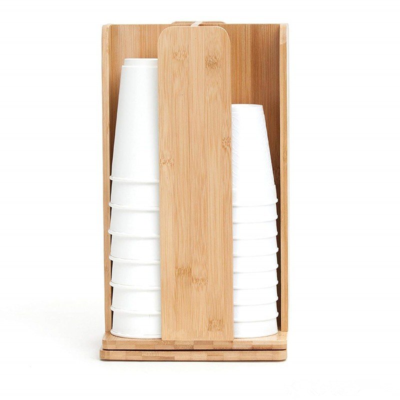 Rotating bamboo disposable cup storage rack multi-section paper cup dispenser for coffee station organizer