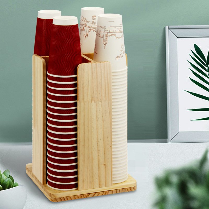 Rotating bamboo disposable cup storage rack multi-section paper cup dispenser for coffee station organizer