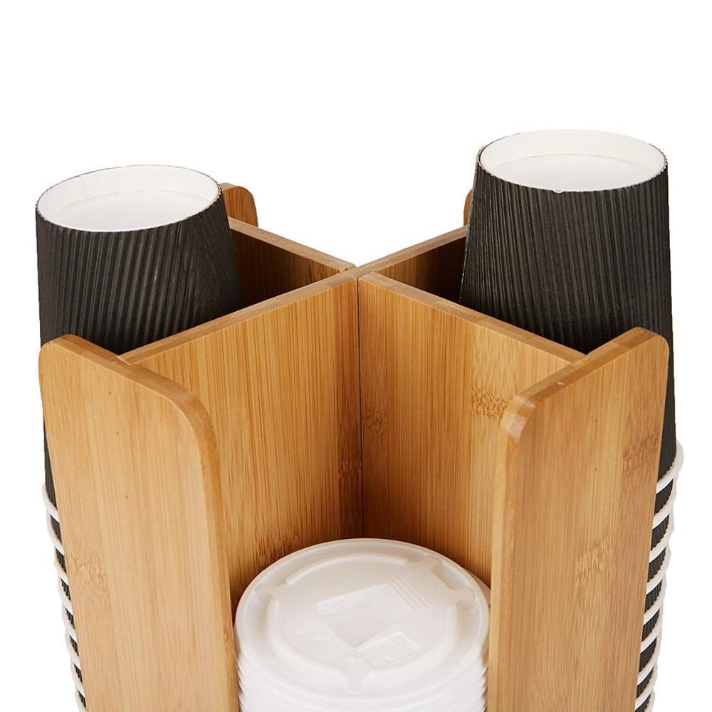 Rotating bamboo disposable cup storage rack multi-section paper cup dispenser for coffee station organizer