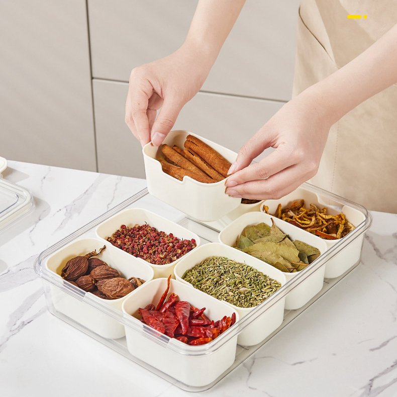 Fridge Food Organizer Box Snack Tray Container 4 compartments Sealed Seasoning Spice Storage Box With Drain Divider