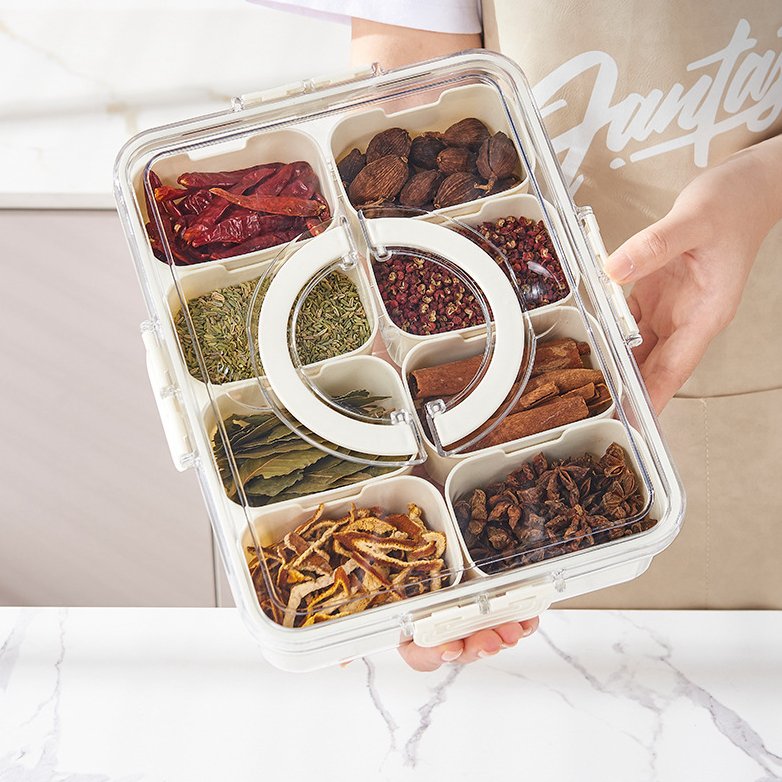 Fridge Food Organizer Box Snack Tray Container 4 compartments Sealed Seasoning Spice Storage Box With Drain Divider