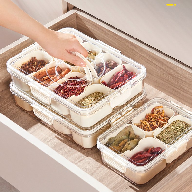 Fridge Food Organizer Box Snack Tray Container 4 compartments Sealed Seasoning Spice Storage Box With Drain Divider