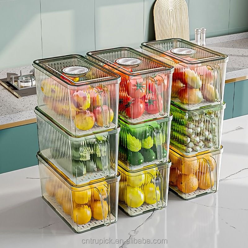 BPA-FREE Clear Plastic Food Storage Bins Fridge Organizer with Freshness Timer Lid