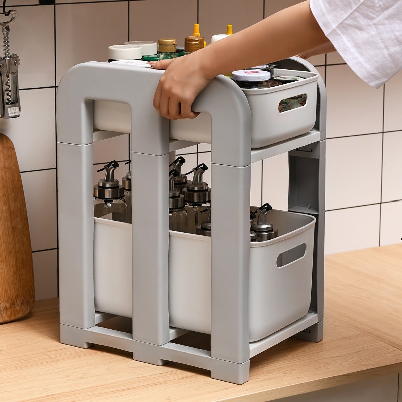 XJH 2 Tier Mobile Multifunctional Shelving Kitchen Bathroom Living Room Organizer Storage Boxes & Bins Injection Multifunction