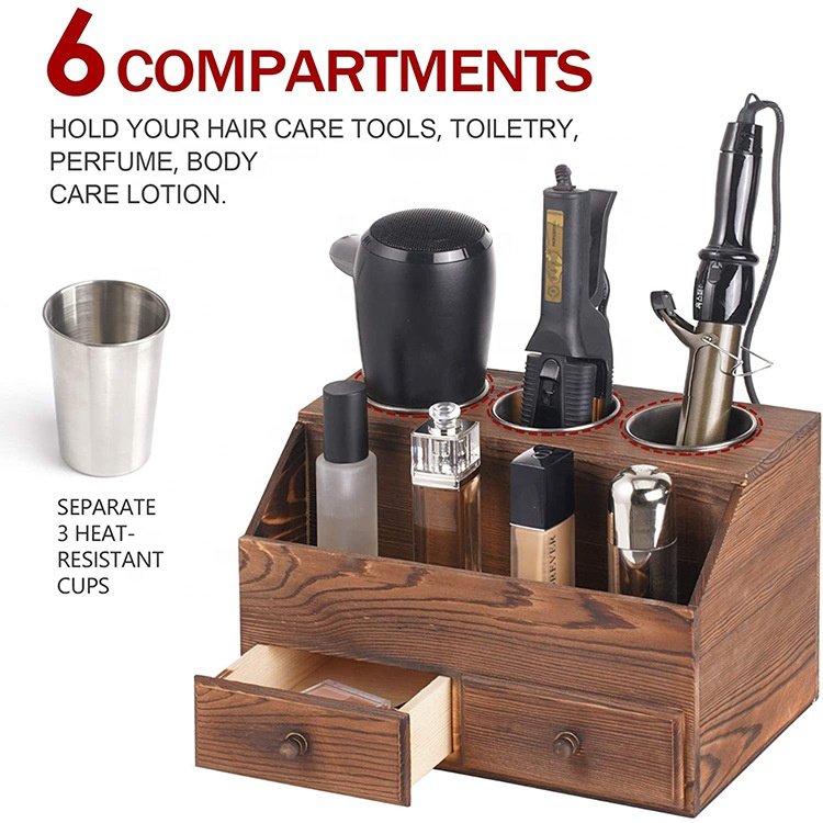 Custom Bathroom Hair Tool Organizer Hair Dryer Holder Desktop Wooden Cosmetic Storage Box