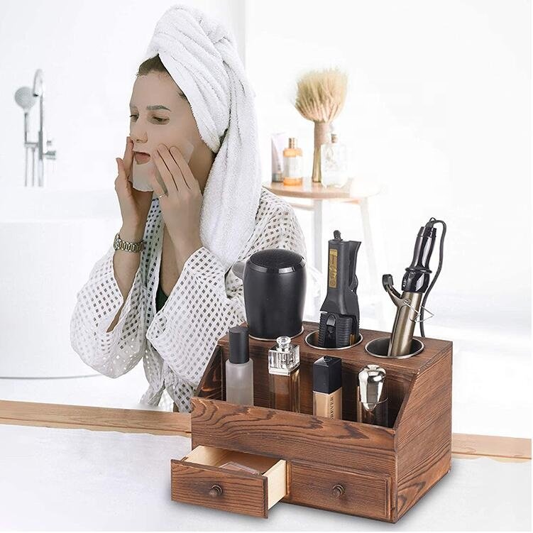 Custom Bathroom Hair Tool Organizer Hair Dryer Holder Desktop Wooden Cosmetic Storage Box
